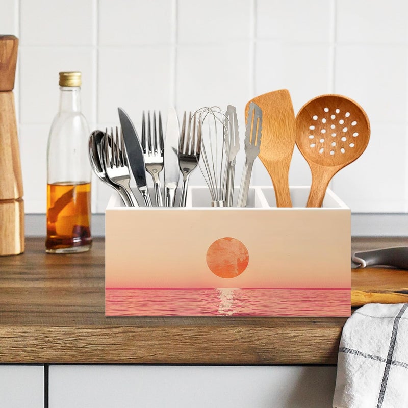 KBRCT Minimalist Ocean Sunset Wooden Utensils Holder, Pink and Orange Abstract Coastal Nature Seascape Wood Cooking Utensil Holder Organizer for Kitchen Countertop Counter Decor Accessories - Image 5